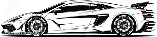 Modern high performance supercar side view vector illustration with aerodynamic racing body kit and large rear spoiler wing