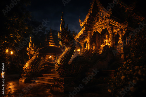 A captivating golden temple illuminated at night, evoking a sense of serenity and mystique. The architectural details are stunning and the soft light creates a magical atmosphere.