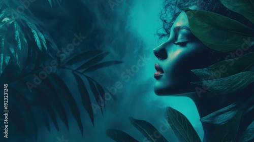 Serene woman profile amidst lush, teal foliage