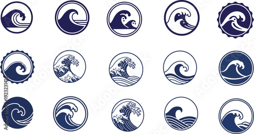 Ocean wave line art icon collection. Includes various styles of sea waves, surf, and water movement symbols. Created in a dark blue and white minimalist style.