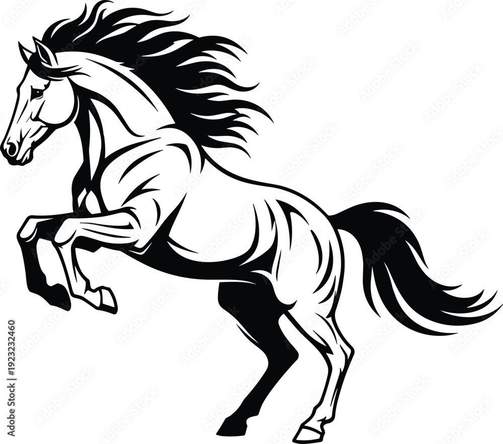 Fototapeta premium Horse silhouette vector illustration, rearing pose drawing, black and white line art, powerful animal design, equestrian emblem artwork