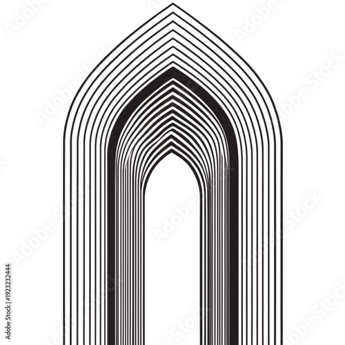 Symmetrical Islamic arch mihrab niche architecture illustration viewed from the front with intricate details and layered lines