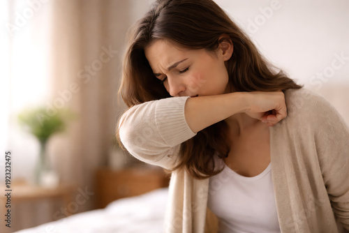 A young woman coughing into her elbow while indoors. She is demonstrating proper etiquette to help prevent the spread of germs.