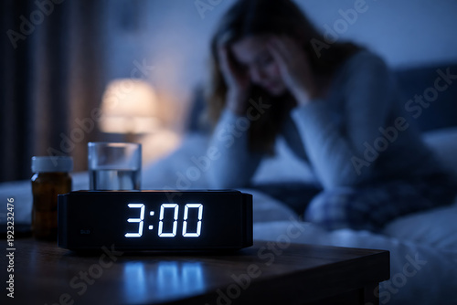 A woman struggles with insomnia, with the clock showing 3:00 AM