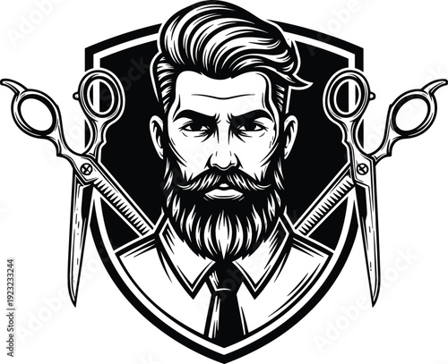 Professional barbershop logo featuring a bearded man with stylish hair and crossed scissors on a shield background vector