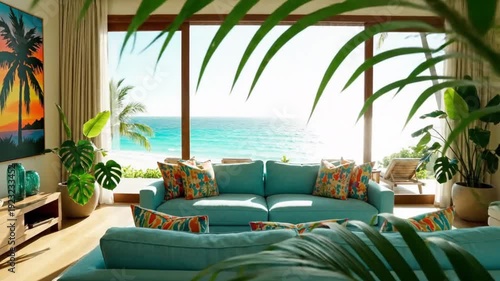 This stunning tropical living room with its breathtaking panoramic ocean view offers the ultimate serene escape for a luxurious beach vacation, featuring comfortable furnishings and vibrant decor amid