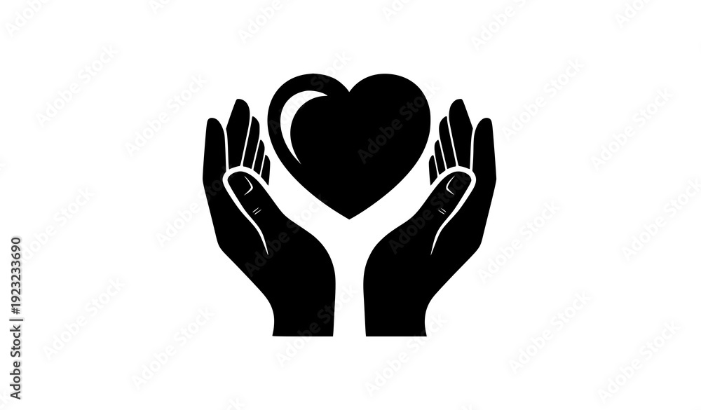 Fototapeta premium Black and White Hands Holding Heart Icon – Support and Care Symbol Vector