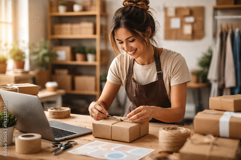 Obraz premium A woman carefully packing a parcel with a cheerful expression and a sense of pride 