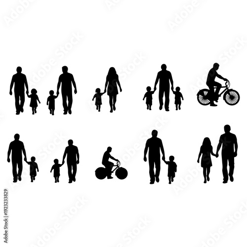 Family Silhouette Collection with Parents and Children Walking and Cycling