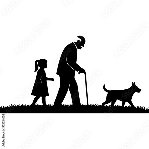 Grandfather and Granddaughter Walking Dog Silhouette Family Generations Illustration