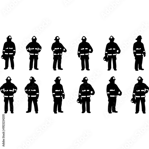 Firefighter Silhouette Set Collection Showing Emergency Rescue Uniform Poses