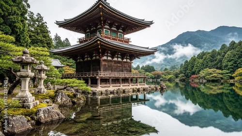 Magnificent historic Japanese pagoda structure stands serenely beside calm water reflecting misty mountains and ancient stone lanterns welcoming visitors to a peaceful sanctuary.