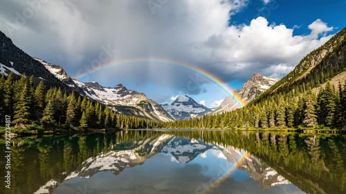 Vivid rainbow arches over a tranquil alpine lake reflecting majestic snow capped mountains surrounded by dense evergreen forests under dramatic stormy skies