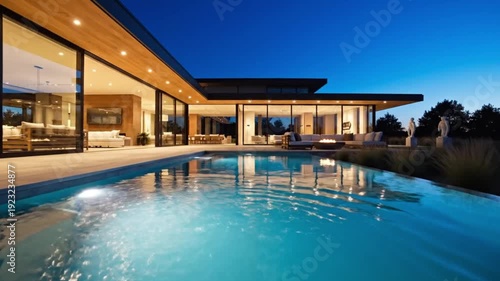 Luxurious modern architectural home featuring extensive glass walls and a sparkling infinity swimming pool illuminated at twilight