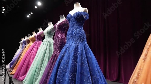 Stunning collection of vibrant, sparkling mermaid silhouette evening gowns displayed dramatically on mannequins under spotlights for a fashion exhibition setting