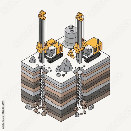 Isometric illustration of drilling into the earth's layers.
