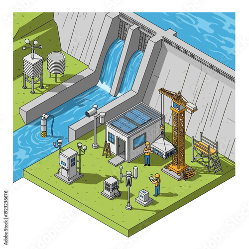 Isometric illustration of a hydroelectric power plant with dam and machinery.