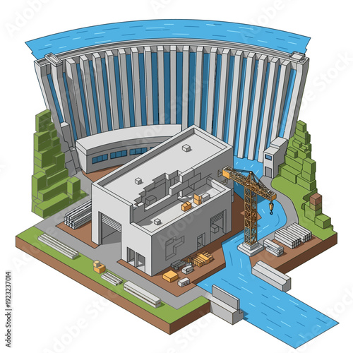 Isometric illustration of a hydroelectric power plant with dam and reservoir.