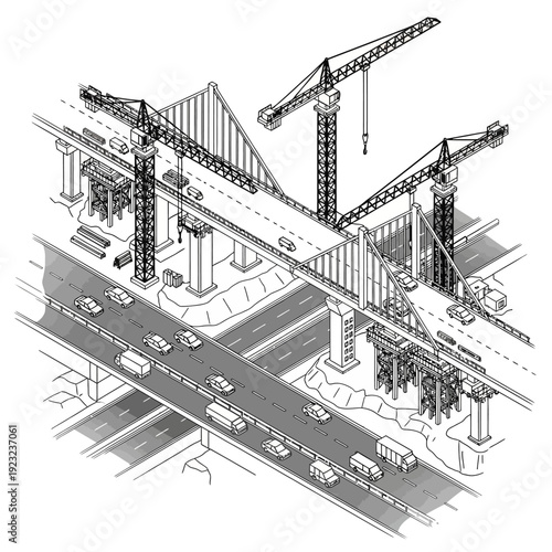 Detailed technical drawing of a bridge construction site with cranes and road traffic.