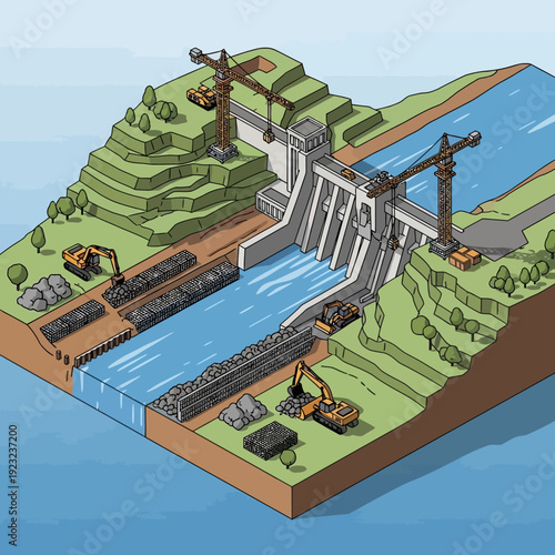 Isometric illustration of a hydroelectric dam under construction.