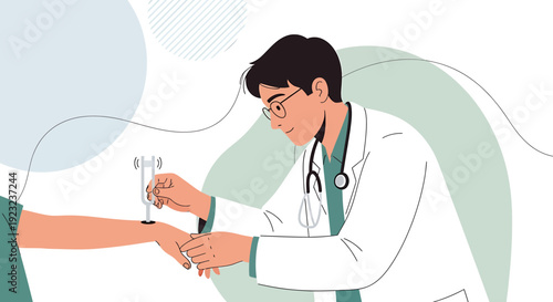 Doctor performing neurological test on patient's arm with tuning fork