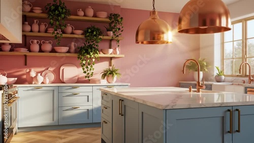 Luxurious modern kitchen interior design featuring soft pink walls pale blue cabinetry striking copper pendant lights and marble island