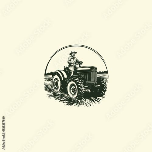 Vintage engraving illustration of a farmer driving a tractor in the field isolated on light background.