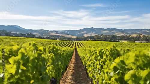 Scenic vineyard landscape showcasing lush grapevines under a clear blue sky with distant hills
