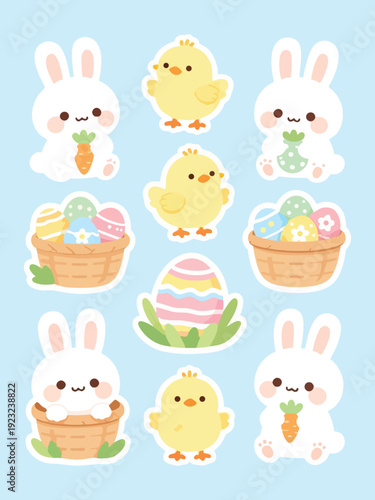 Cute Easter Bunny and Chick Flat Vector Illustration Set