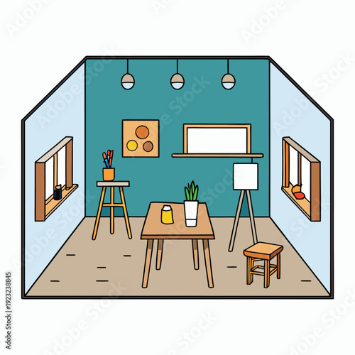 A cozy art studio interior filled with natural light, wooden easels, paint-splattered tables, brushes, canvases, and shelves of colorful supplies, creating an inspiring and creative workspace.
