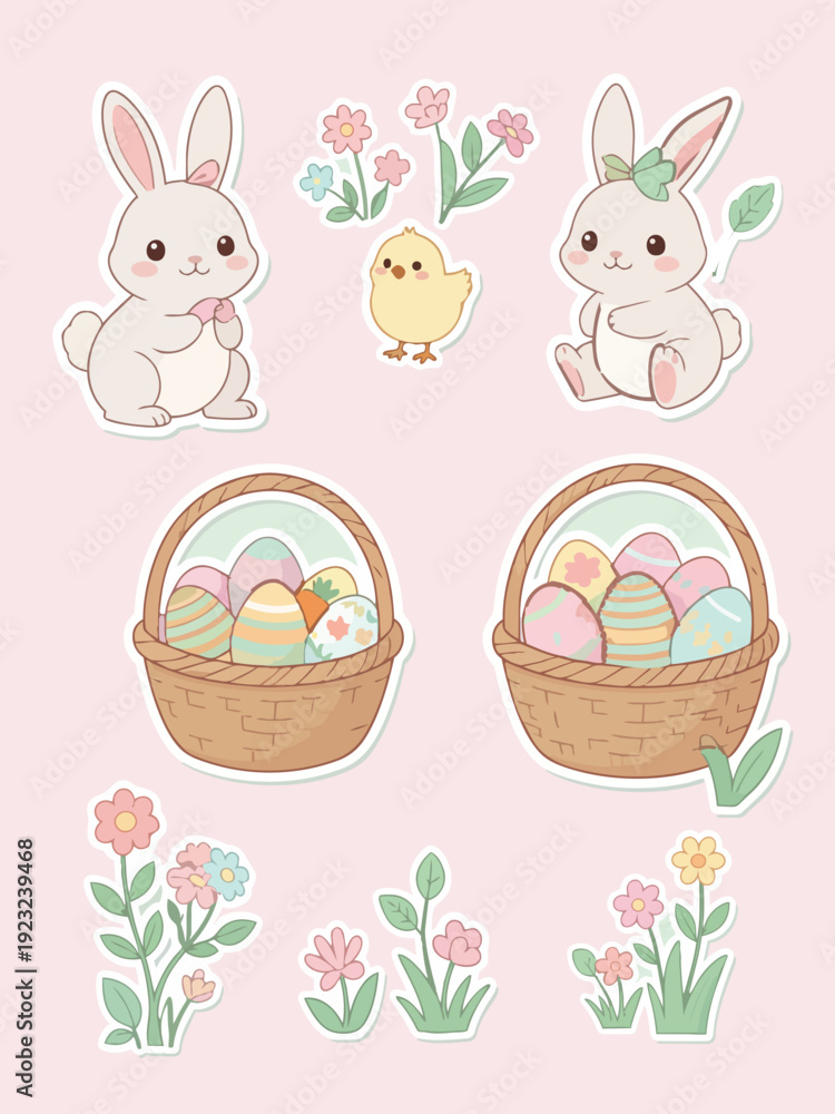 Fototapeta premium Spring Easter Icons Pack with Rabbit, Chick and Basket
