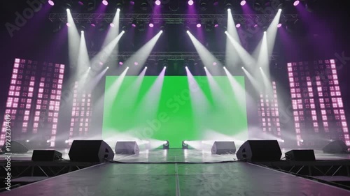 Large professional concert stage set for a live event featuring powerful white spotlights illuminating a prominent green screen display with vibrant purple ambient lighting creating an exciting atmosp