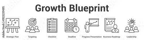 Growth Blueprint web banner icon set vector illustration concept for business with icon of Strategic Plan, Targeting, Checklist, Deadline, Progress Presentation, Busin.