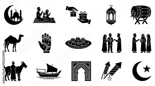 Islamic Regional Eid traditions Vector set with black silhouette icons of goat, bedug drum, henna, dhow boat, prayers, and greetings for Muslim festival designs.