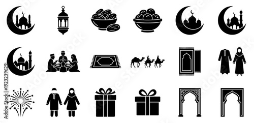 Silhouette Regional Eid traditions Vector icons including mosque, dates, lantern, camels, fireworks, and Muslim clothing for Islamic holiday celebration designs.