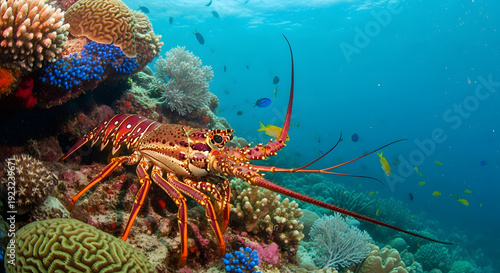 Underwater shot of spiny lobsters hiding among coral reefs