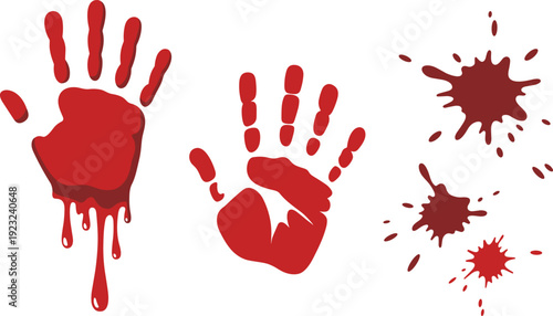 Bloody handprints and splatter stains set, red dripping palm prints and blood splashes, horror crime scene vector illustration isolated on white background