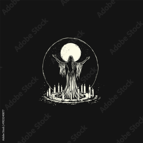 Dark gothic illustration of a mysterious figure in a robe performing a ritual inside a circle of candles under a giant full moon, occult and esoteric aesthetic, intricate hand-drawn line art style iso