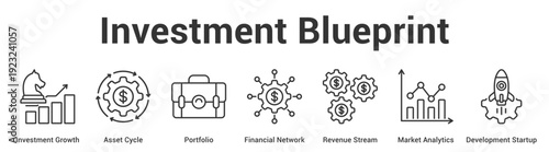 Investment Blueprint web banner icon set vector illustration concept for business with icon of Investment Growth, Asset Cycle, Portfolio, Financial Network, Revenue Stream, Market Analyti.