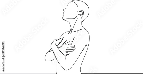 Minimalist continuous line art drawing of a woman hugging herself for self love and mental health wellness vector