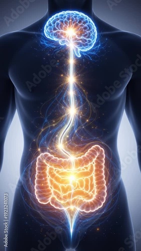 Wallpaper Mural Gut–brain connection nerve pathway glowing human digestive system intestine brain neural network anatomy health science concept illustration diagram nervous system glow organ medical background Torontodigital.ca
