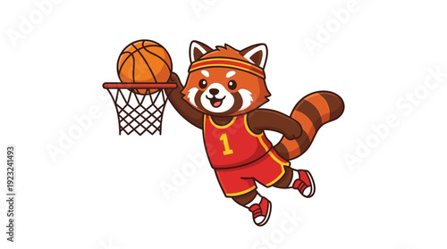 Cute Red Panda Mascot Slam Dunking Basketball d flat vector isolated white background
