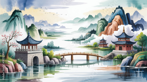 Vibrant East Asian landscape illustration serene misty mountains, tranquil river, traditional pagodas, graceful bridges