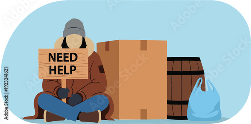 Flat vector illustration of a homeless person sitting on the street holding a need help sign with cardboard boxes