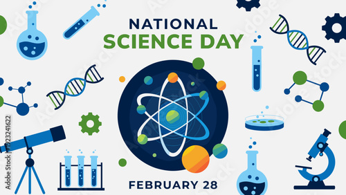 National Science Day Vector Illustration on Feb 28 Featuring Atom, DNA, Microscope, Telescope, and Chemistry Lab Equipment Icons in Blue and Green Flat Design Background Style.