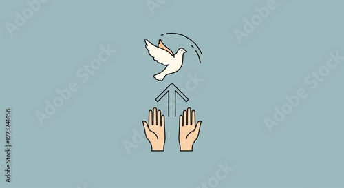 Dove flying above hands with upward arrow symbolizing peace and freedom