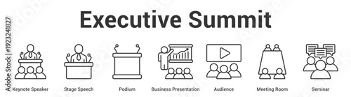Executive Summit web banner icon set vector illustration concept for business with icon of Keynote Speaker, Stage Speech, Podium, Business Presentation, Audience, Meet.