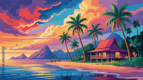 Vibrant tropical island sunset with palm trees and beach house, a picturesque coastal paradise