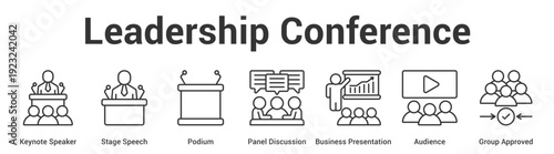 Leadership Conference web banner icon set vector illustration concept for business with icon of Keynote Speaker, Stage Speech, Podium, Panel Discussion, Business Presentation, Audien.