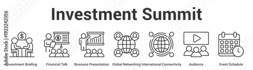 Investment Summit web banner icon vector illustration concept for business with icon of Investment Briefing, Financial Talk, Business Presentation, Global Networking, International Connectivity,.
